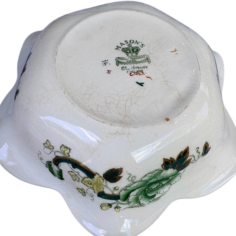 Vintage Ironstone Serving Bowl Green Floral Scalloped Cottagecore - Picture 2 of 5